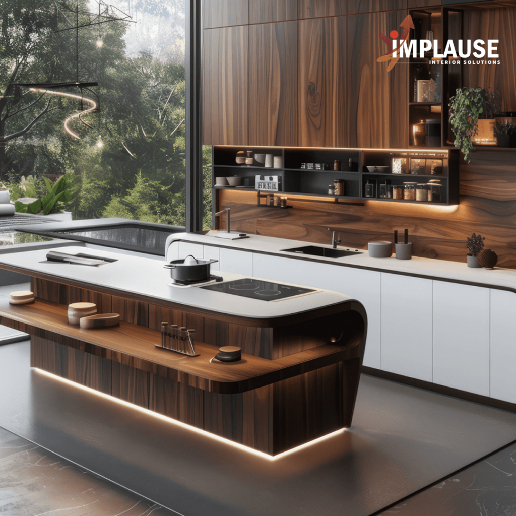 Modern modular kitchen with wood textures, sleek cabinetry, and ambient lighting in Pune's latest trends.